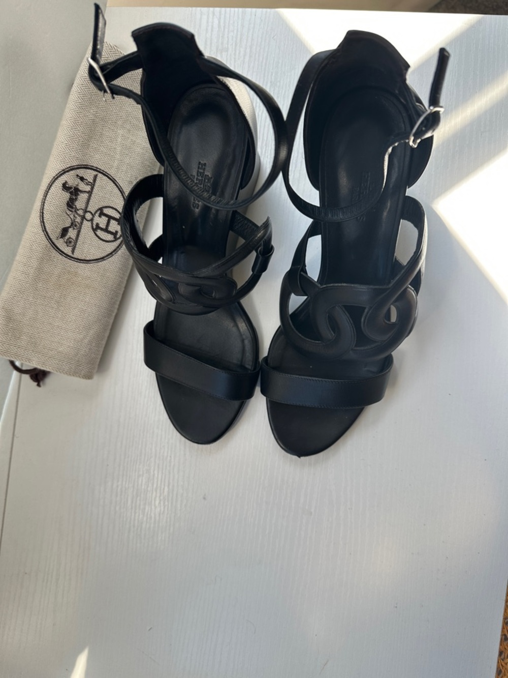 Hermes Brisbane Black Leather Ankle-Strap Wedge Sandals - Picture 8 of 12